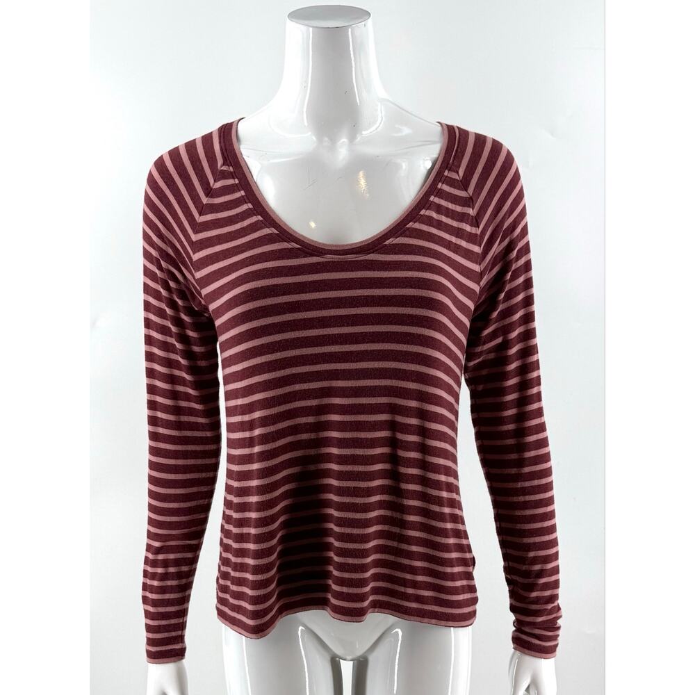 Cabi #4198 Scoop Tee Shirt Top Burgundy Red Rose Pink Striped Long Sleeve Sz S